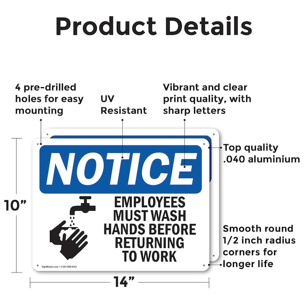 Employees Must Wash Hands Before Work OSHA Notice Sign, Aluminum, 14in W X 10in L, 2PK